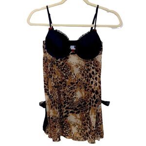 Cabernet Bow Romantic Leopard Animal Print Baby Doll Lingerie​​​​​​​​​​​​​​​​​​​